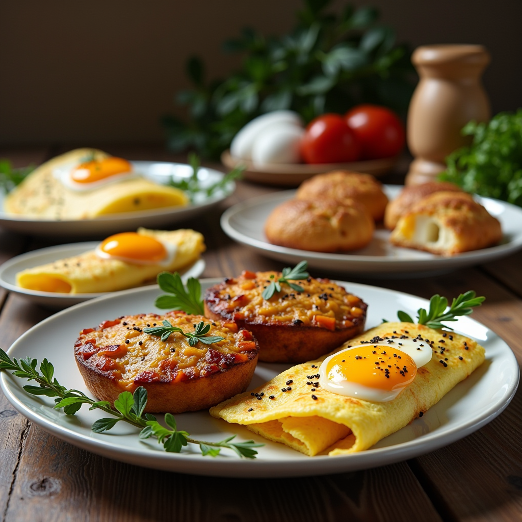 Ernährungsvielfalt - Eine Auswahl verschiedener Gerichte mit Eiern, von Omeletts bis zu Backwaren, ansprechend auf einem rustikalen Tisch arrangiert