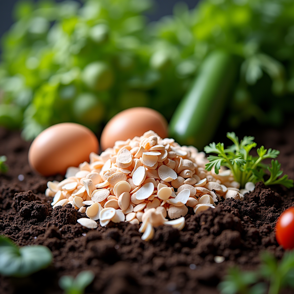 Zerkleinerte Eierschalen werden in nährstoffreiche Gartenerde gemischt, umgeben von grünen Pflanzen und Gemüse, die das nachhaltige Gärtnern symbolisieren