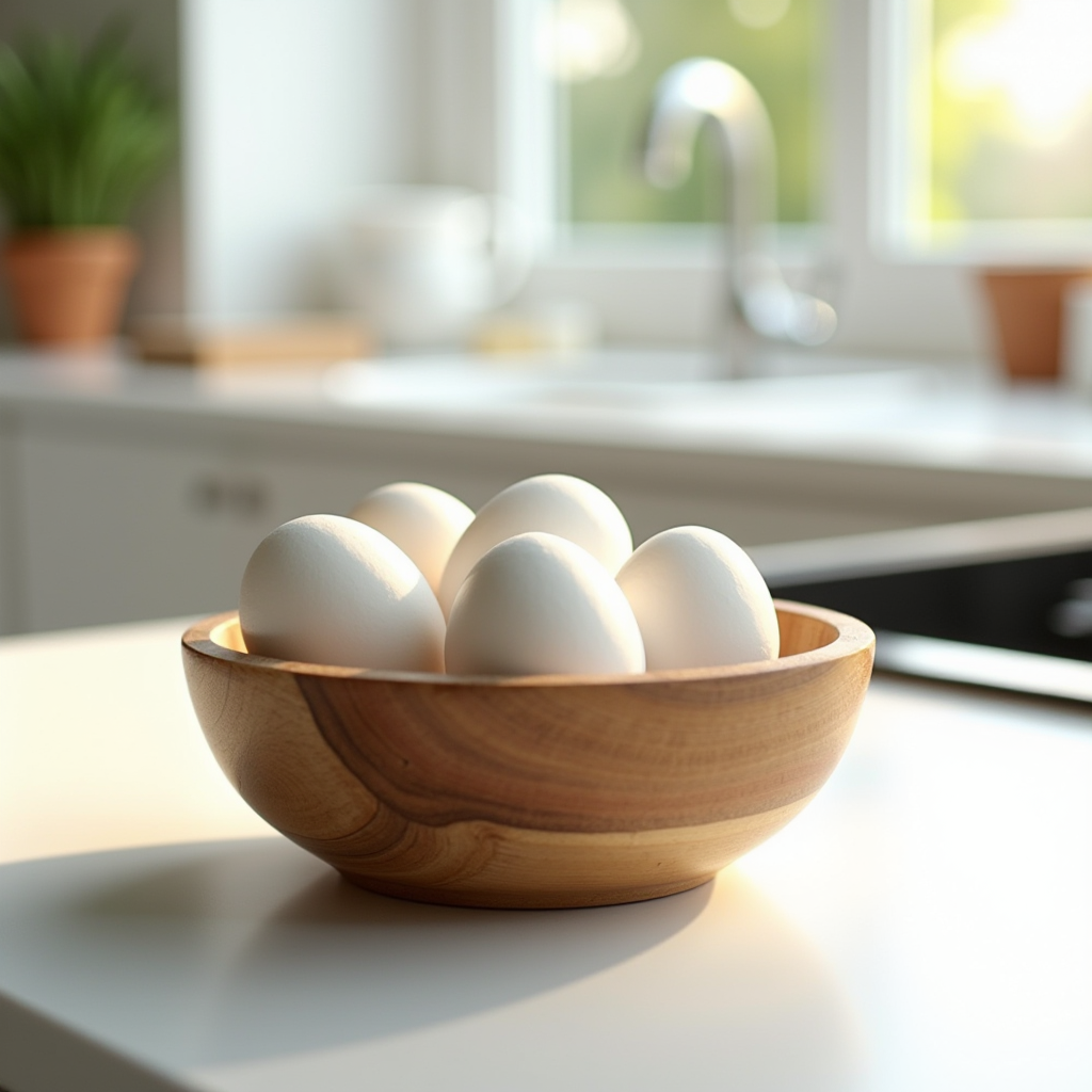 Frische Eier in einer rustikalen Holzschale auf einer sauberen weißen Küchenarbeitsplatte mit natürlichem Morgenlicht