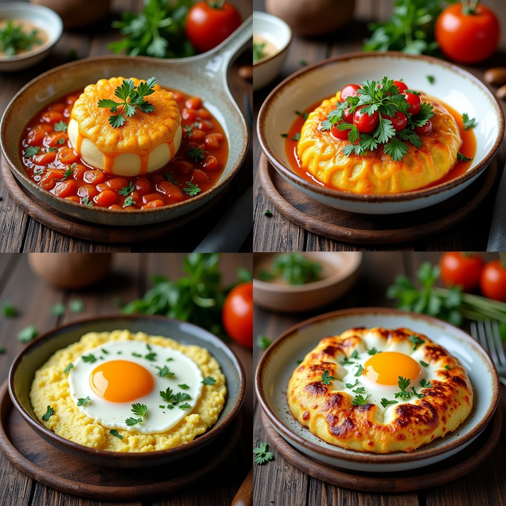 Collage verschiedener internationaler Eiergerichte zum Frühstück, darunter japanisches Tamagoyaki, mexikanische Huevos Rancheros, französisches Omelett und türkisches Menemen, kunstvoll auf einem rustikalen Holztisch arrangiert mit frischen Kräutern und traditionellem Geschirr