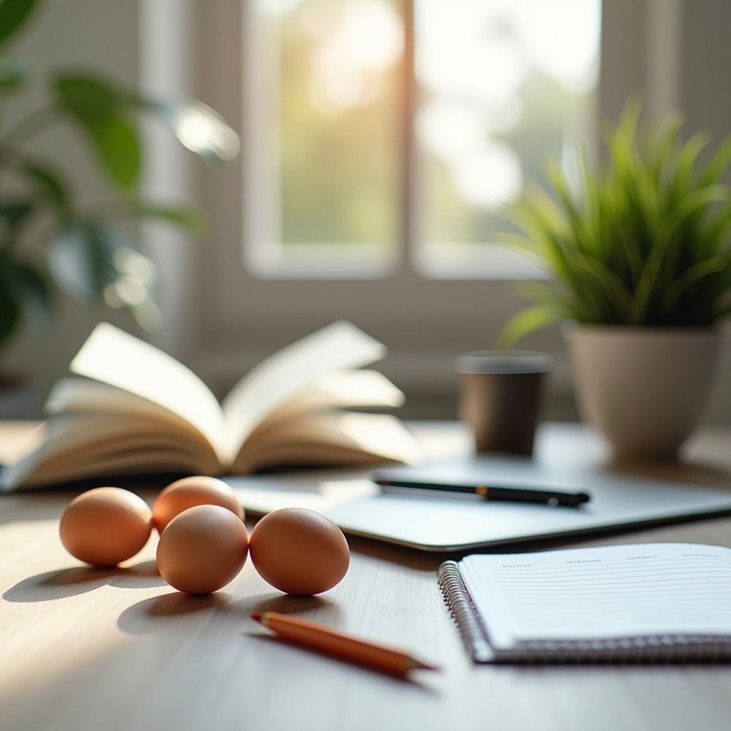 Bildungsressourcen - Ein heller Arbeitsbereich mit aufgeschlagenen Büchern, Laptop, Notizen und frischen Eiern, symbolisiert die gründliche Recherche und Wissensvermittlung