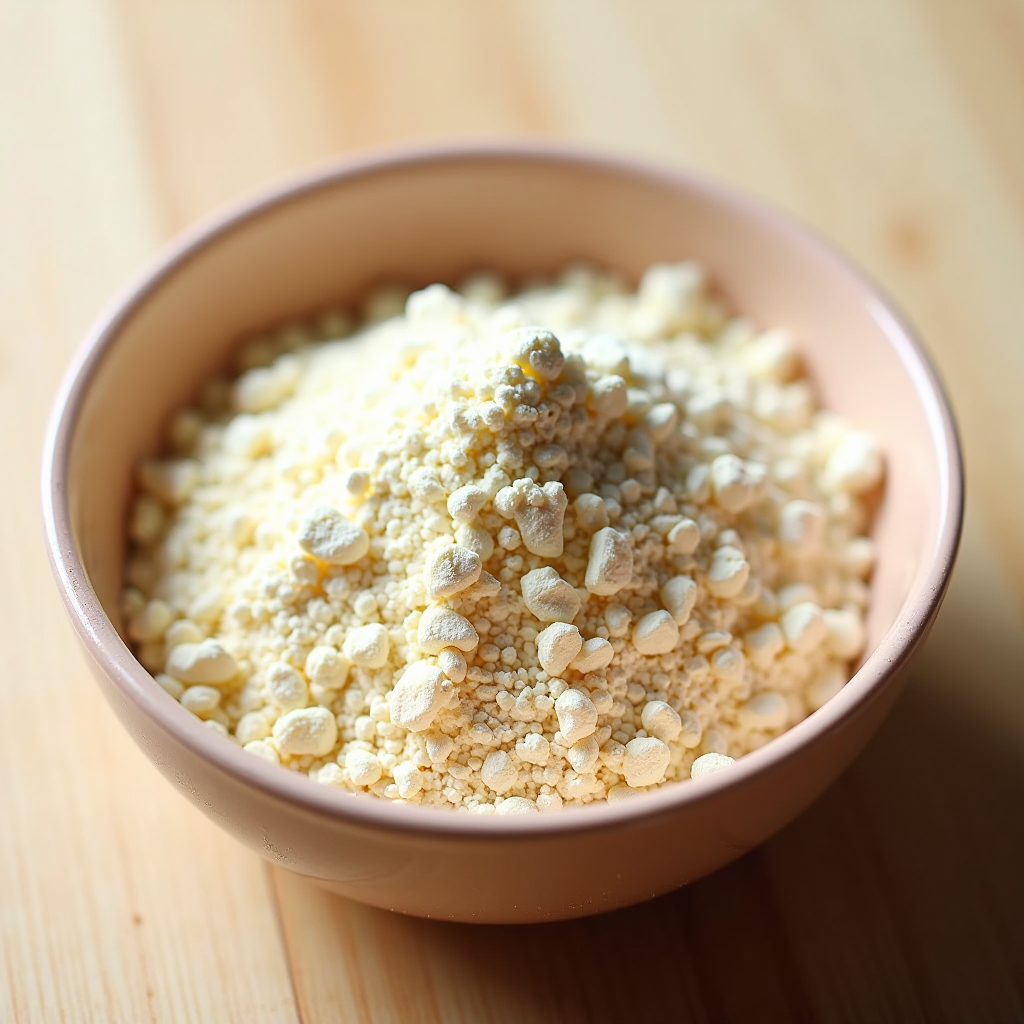 Nahaufnahme von fein gemahlenem Eierschalenpulver in einer Schale, das die Textur und Konsistenz des natürlichen Kalziumpräparats zeigt