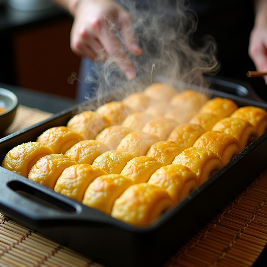 Nahaufnahme eines Kochs, der traditionelles japanisches Tamagoyaki in einer rechteckigen Makiyakinabe-Pfanne zubereitet, mit perfekt gerollten goldgelben Schichten, dampfend heiß, auf einer traditionellen japanischen Küche mit Bambusmatte im Hintergrund