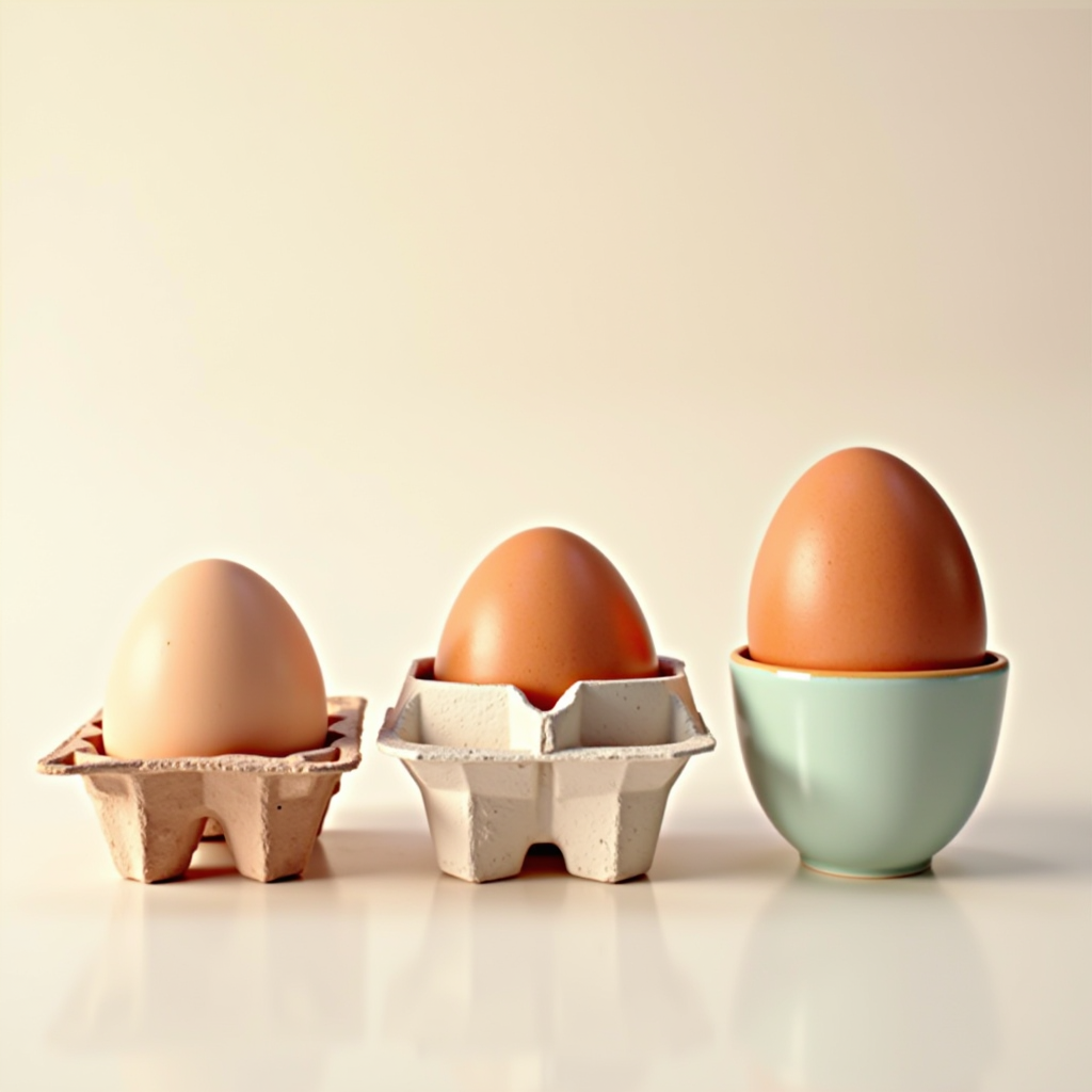 Verschiedene Arten von Eierbehältern nebeneinander: Originalkarton, Kunststoffbox mit Deckel und Keramikhalter, alle gefüllt mit frischen Eiern