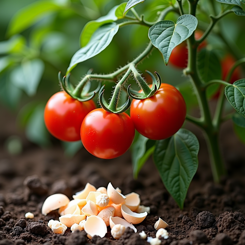 Gesunde Tomatenpflanzen mit reifen roten Früchten, umgeben von zerkleinerten Eierschalen im Boden, die das natürliche Düngen demonstrieren