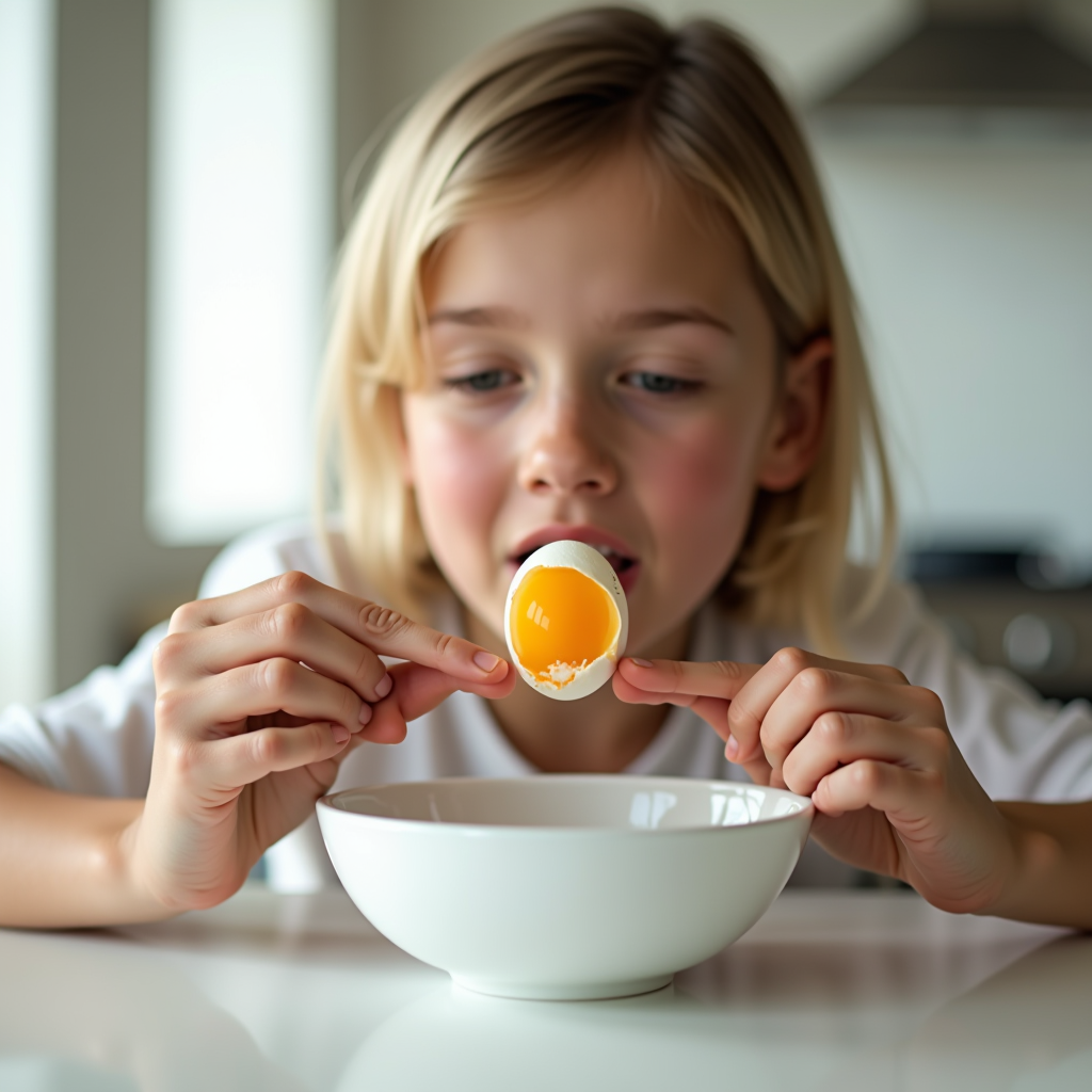Person riecht vorsichtig an einem aufgeschlagenen Ei in einer weißen Schüssel in einer hellen modernen Küche mit konzentriertem Gesichtsausdruck
