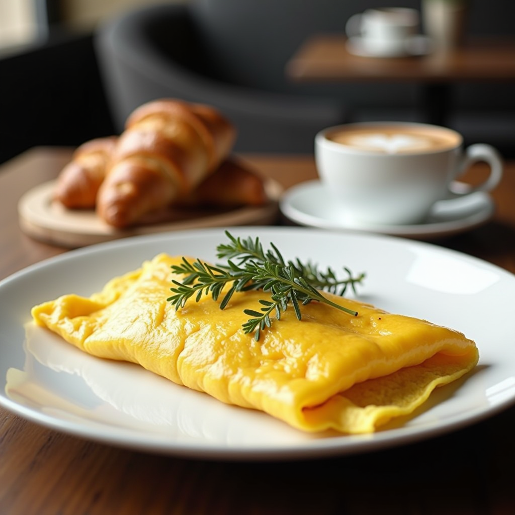Elegantes französisches Omelett auf einem weißen Porzellan-Teller, perfekt gefaltet mit glatter, goldgelber Oberfläche, garniert mit frischen Kräutern, serviert in einem stilvollen Pariser Café mit Croissants und Kaffee im Hintergrund