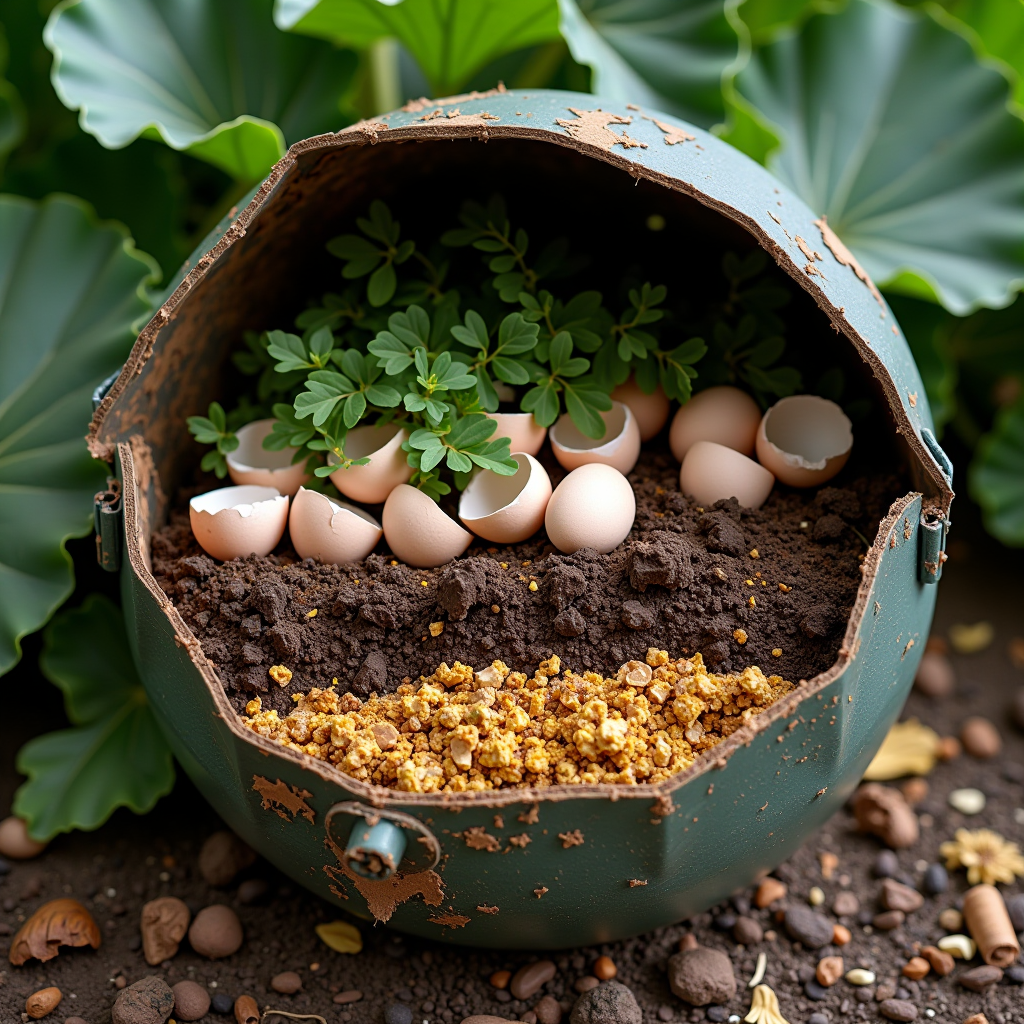 Offener Kompostbehälter mit Schichten aus organischem Material, Eierschalen und Gartenabfällen, der den nachhaltigen Kompostierungsprozess zeigt