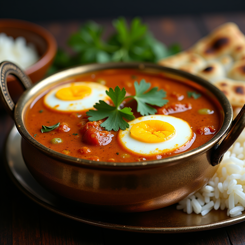 Aromatisches indisches Eiercurry in einer traditionellen Messingschale, mit halbierten hartgekochten Eiern in einer reichhaltigen, orangefarbenen Currysauce mit Tomaten, Zwiebeln und Gewürzen, garniert mit frischem Koriander, serviert mit Naan-Brot und Basmati-Reis
