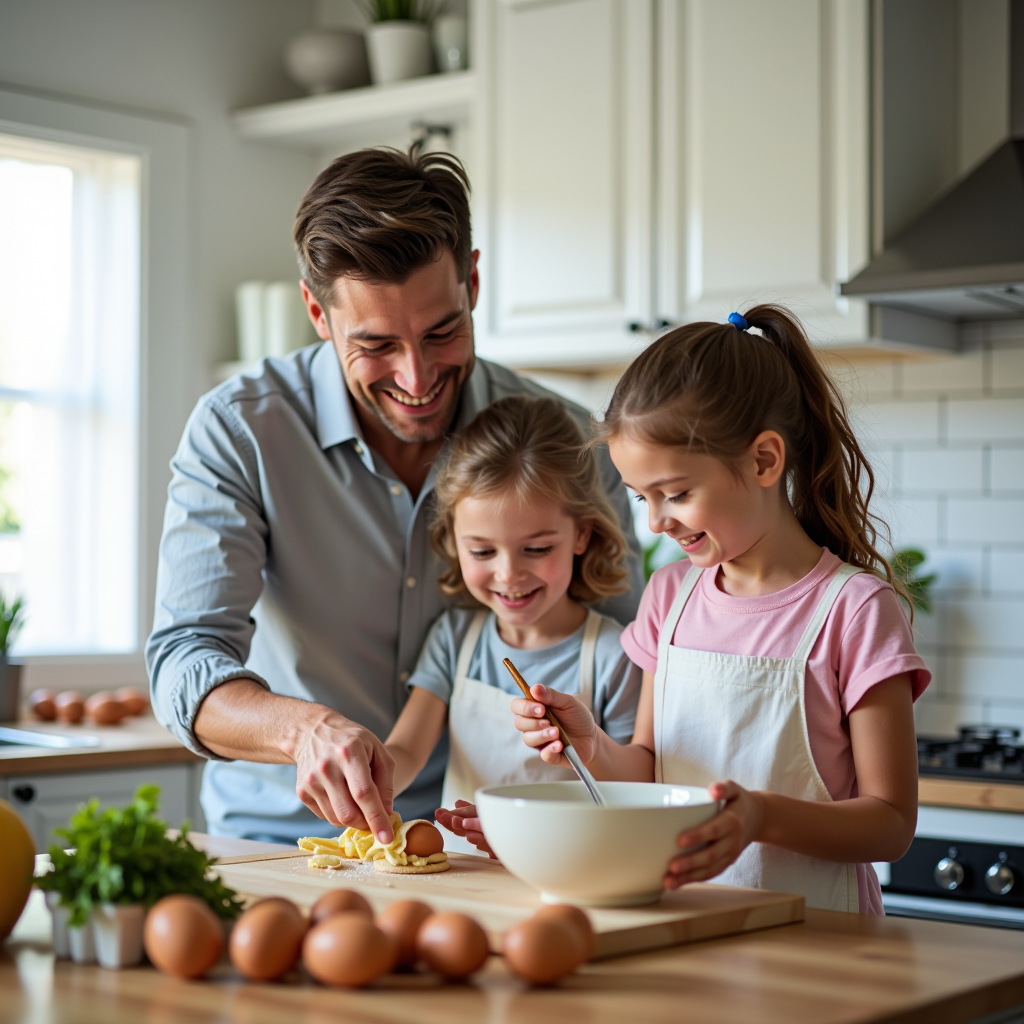 Glückliche Familie kocht gemeinsam in heller Küche mit frischen Eiern auf der Arbeitsplatte, zeigt Vertrauen und Freude bei der Essenszubereitung