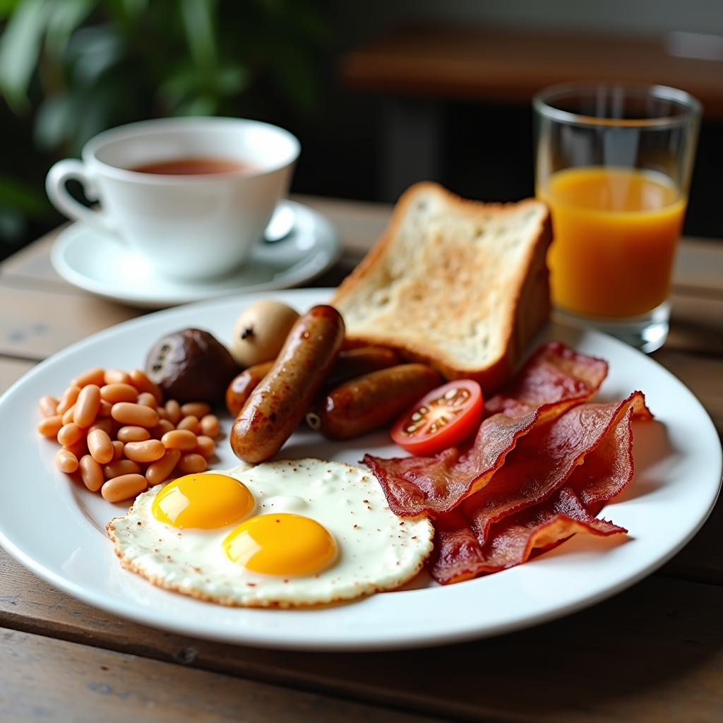 Klassisches Full English Breakfast auf einem großen weißen Teller, mit Spiegeleiern, knusprigem Bacon, Würstchen, gebackenen Bohnen, gegrillten Tomaten, Champignons und Toast, serviert mit einer Tasse englischem Frühstückstee in feinem Porzellan