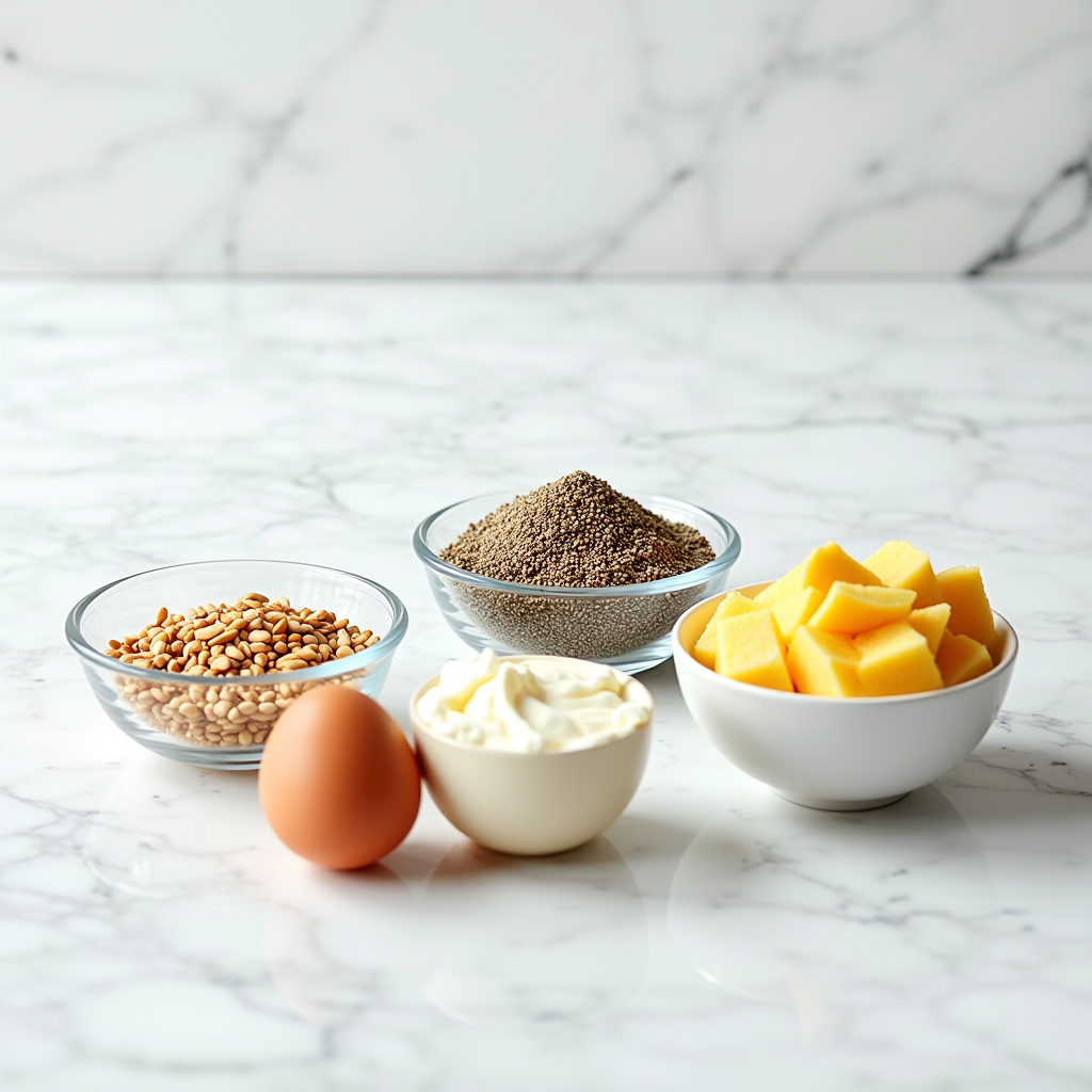 Verschiedene Ei-Ersatzprodukte wie Leinsamen, Chiasamen, Apfelmus und Aquafaba in kleinen Glasschüsseln auf einem weißen Marmortisch arrangiert