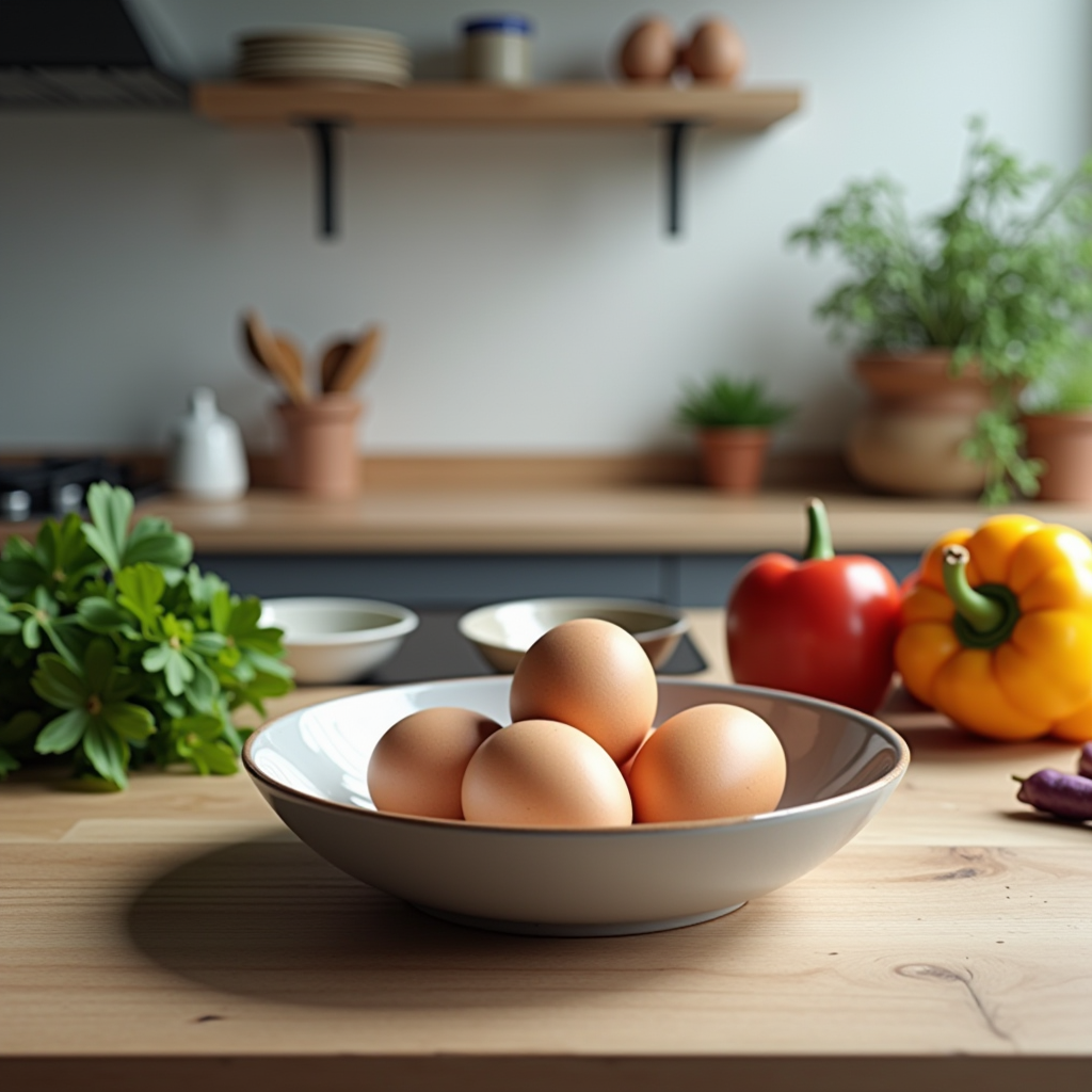 Küchenpraxis - Eine moderne Küche mit frischen Zutaten, Eiern in einer Schüssel und Kochutensilien, die eine einladende Atmosphäre schaffen