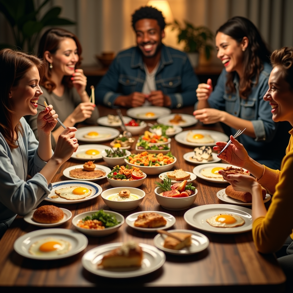 Warme, einladende Szene eines internationalen Frühstückstisches mit verschiedenen Eiergerichten aus aller Welt, umgeben von lächelnden Menschen verschiedener Kulturen, die gemeinsam essen, symbolisiert Einheit in Vielfalt und die verbindende Kraft von Essen